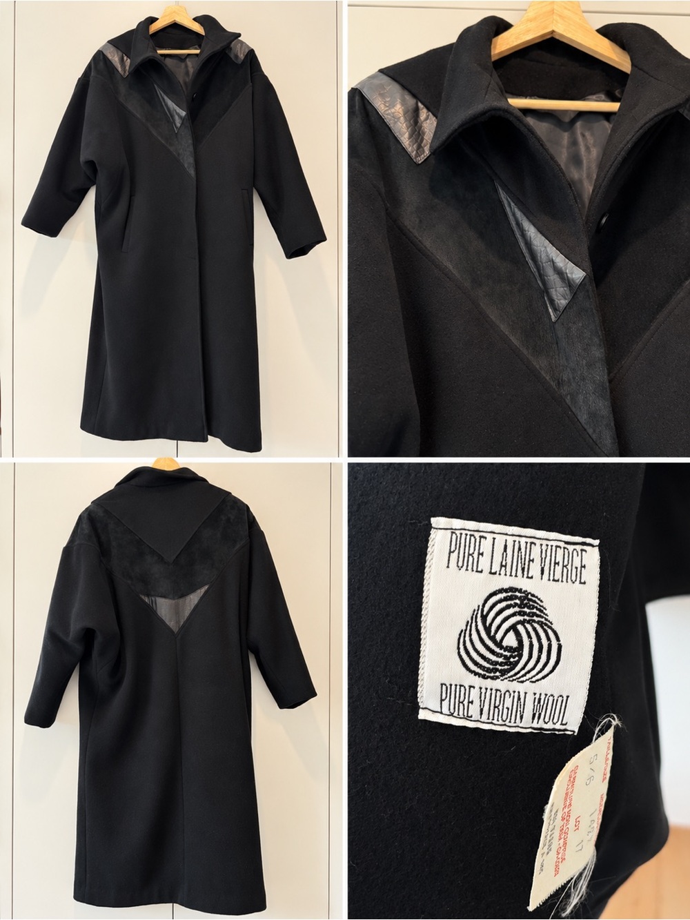 Vintage Louben Pure Virgin Wool Black Women's Long Coat with Leather Trim